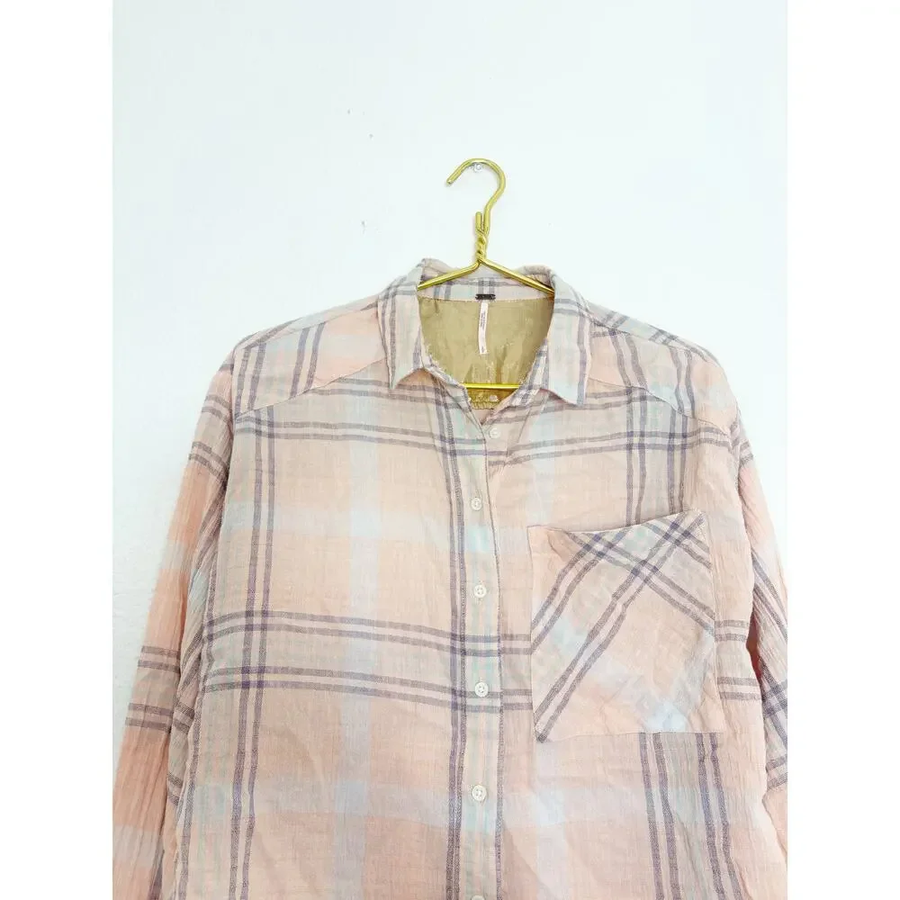 Free People Cotton Cropped Plaid Batwing Shirt Size Small Pink Boho Western